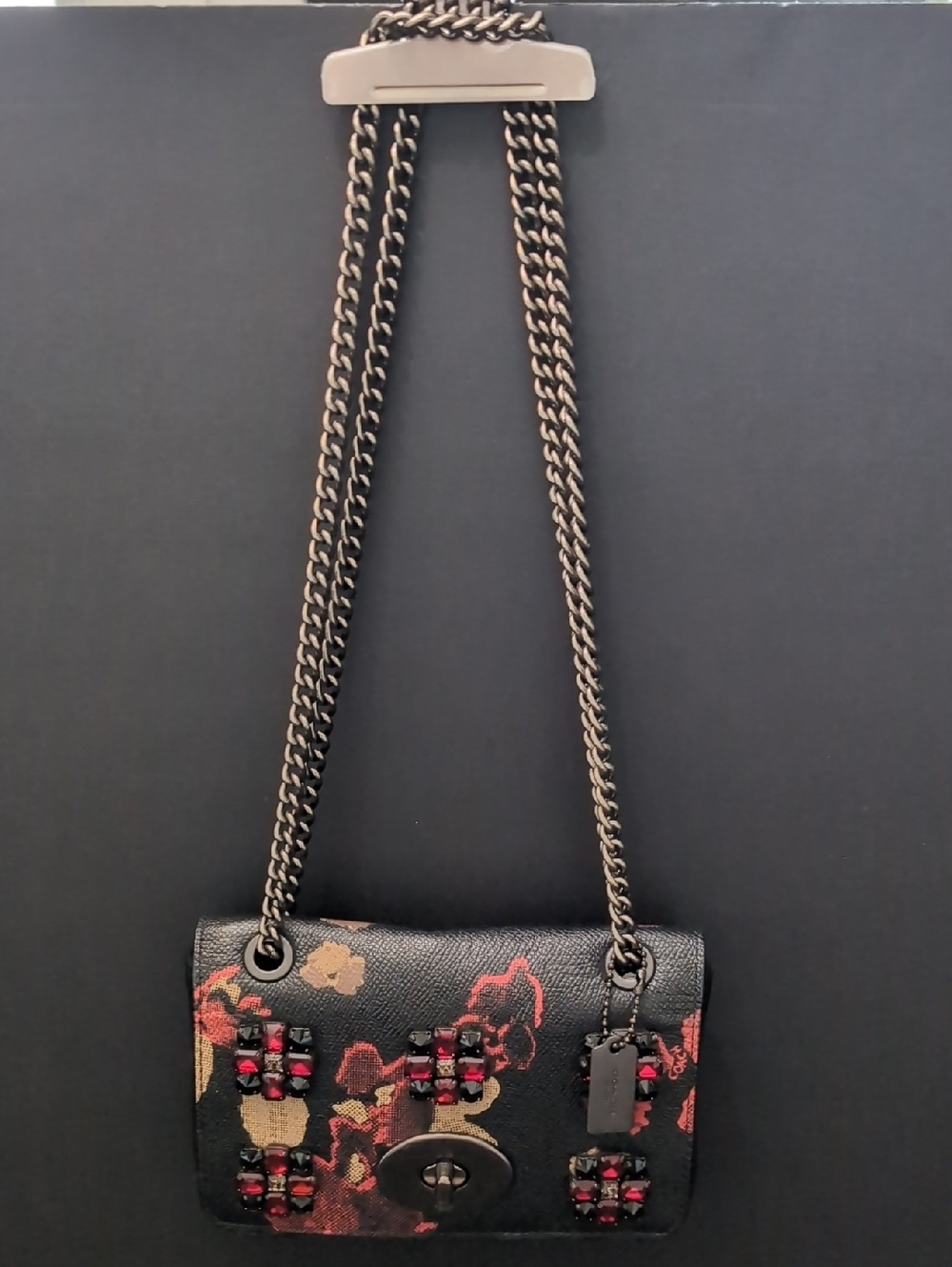 Coach , Black/Red Floral Jeweled Embossed Mini Chain Crossbody Bag.